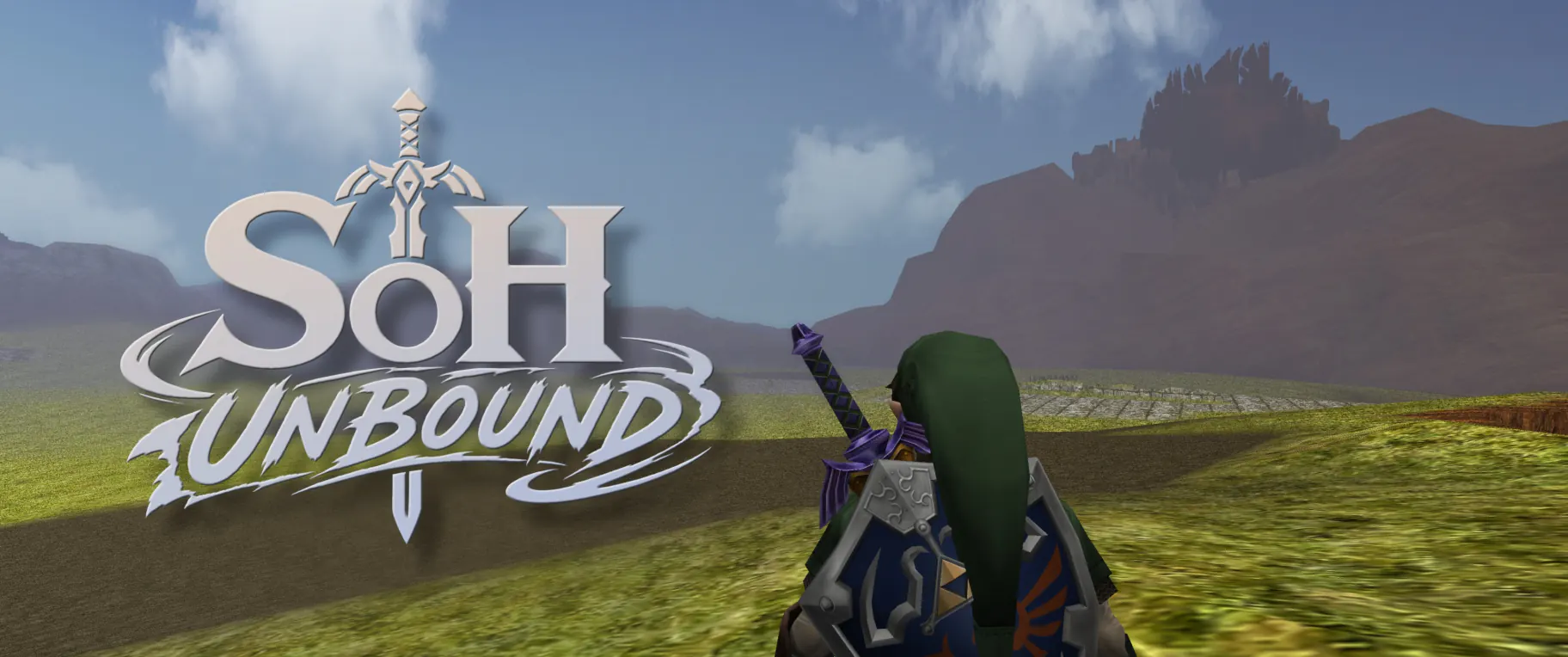 Link on Hyrule Field under the SoH: Unbound logo